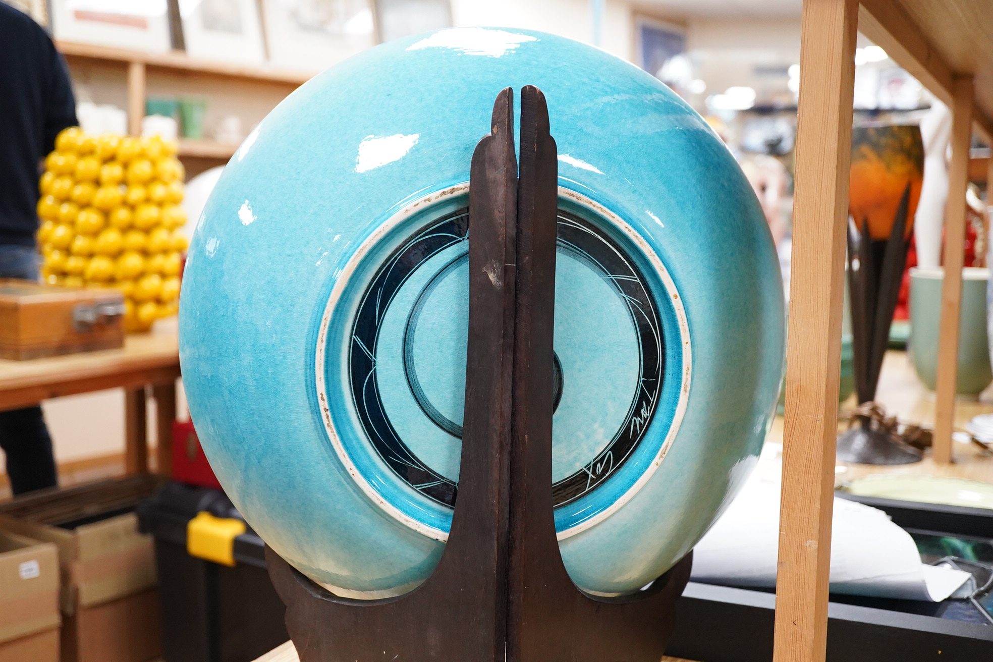 Jane Cox, (b.1962) 'Aquitaine' turquoise pottery dish, incised mark, 36cm in diameter